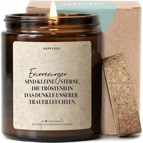 Erinnerungen sind kleine Sterne die tröstend leuchten - Duftkerze mit Spruch als Trostgeschenk, liebevolle Aufmunterung für Trauer, Kerze im Glas mit blumigem Duft