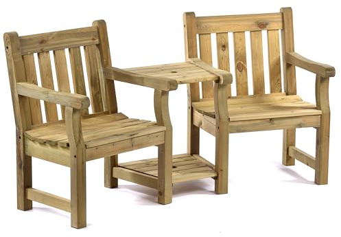 BrackenStyle Companion Bench, 2 Person, Dip Treated Pine Wood | Durable, Jack and Jill Love Seat, Outdoor Garden Patio Chair, with Parasol Hole & Table