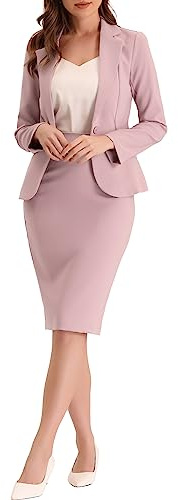 Allegra K Completo da donna, 2 pezzi, gonna e blazer, stile business casual, maniche lunghe e gonna a matita, rosa, XS