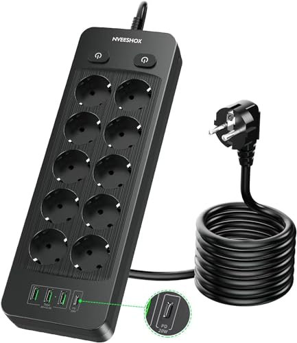 NVEESHOX Regletas Enchufes (4000W/16A) de 10 Tomas con 4 USB Puertos (3USB A+1 USB C), Regleta Enchufes Protección Sobretension, Regleta USB con Cable de Extensión de 2m para hogar, Oficina