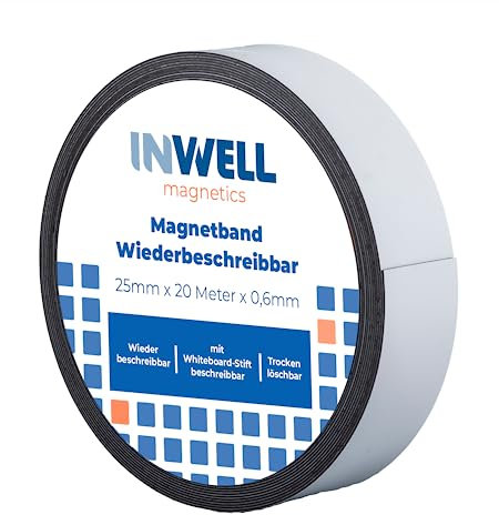 Inwell - Magnetband 25 mm mit Whiteboard-Beschichtung | Länge 20 meter | Magnetbänder mit weißer Oberfläche | Für einem Whiteboard-Marker | Magneten beschriftbar