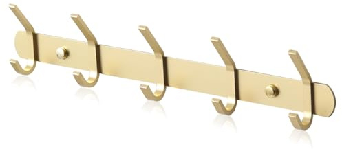 Stainless Steel Coat Hooks - Wall Mounted Modern Metal Heavy Duty Coat Rack Row Hooks - Self Adhesive Hanger Towel Robe Clothes Hat Hook - Bathroom Bedrooms (Gold, 5 Hooks)
