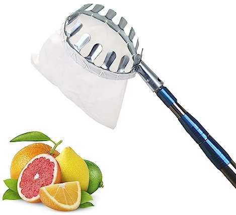 DXDRT Obstpflücker,Apfelpflücker mit Teleskopstiel und Stoffbeutel, Leicht Edelstahl Obsternter Obst Sammler zum Ernten Äpfeln,Avocado,Pflaumen,Zitrus,Pfirsich,Birnen Usw,Blau,4M/13FT