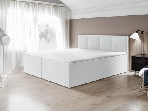 Generisch Boxspringbett Bett Doppelbett ARIS mit Bonell-Matratze und Topper T25 + 2 Bettkästen, H3 (Kunstleder Weiß - Madryt 120, 180x200)