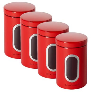 ECHTWERK Boîtes à provisions stylées, Lot de 4, rouge, Pour la conservation de la farine/du sucre/des céréales, Boîte métallique avec couvercle hermétique et grande fenêtre de visualisation