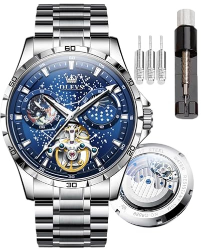 OLEVS Reloj automático para hombre, diseño de cielo estrellado, con esqueleto, Tourbillon, automático, mecánico, resistente al agua y luminoso, acero inoxidable, correa de reloj de precisión, Clásico