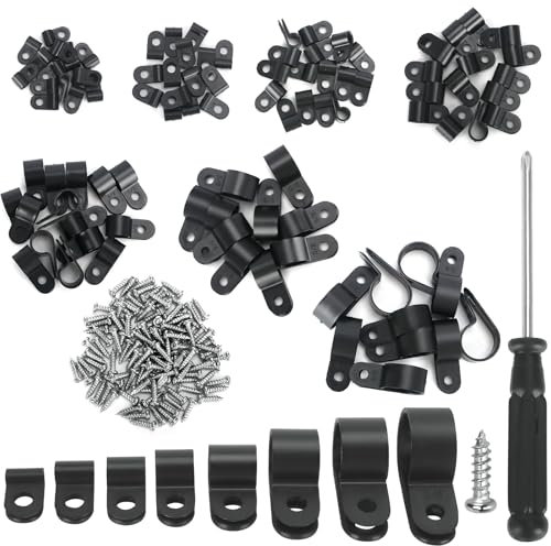 221 Stück Nylon Kabelschellen zum Schrauben Set, 8 Größen R-Typ Kabelhalter Schraubbar, Verdicken Kabelschellen, Kabelklemmen mit 110 Schrauben & Schraubendreher für Kabelmanagement (Schwarz)