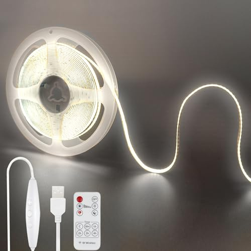 Clearhill 5V USB COB luces de tira led con interruptor dimmable remoto, 16.4FT / 5M, blanco fresco 6500K, 320LEDs / M, ancho de 8mm, no impermeable IP20, cable de interruptor USB de 1.5M