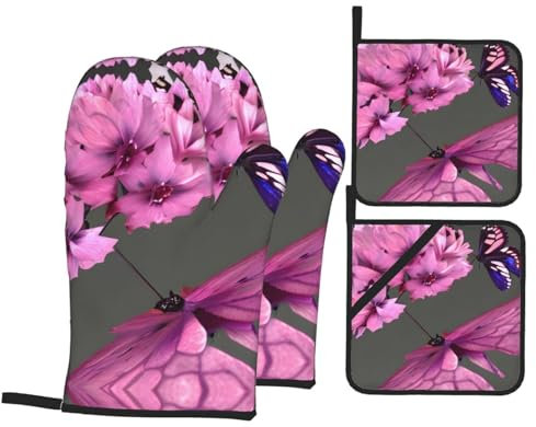 4 Pezzi Presine E Guanti Da Forno Butterflies Flowers Print Guanti Da Barbecue Professional Guanti Da Cucina Divertenti Cucina Guanti Per Cucina, Cucinando, Bbq