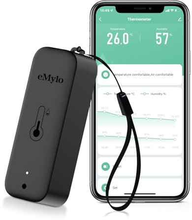 eMylo Termometro Ambiente Interno, Igrometro Umidità Casa WiFi, Con Smart Alert, Archiviazione e calibrazione dei dati, Termoigrometro per camera da letto, Magazzino, Cantina, Serra, Nero 1 Pack