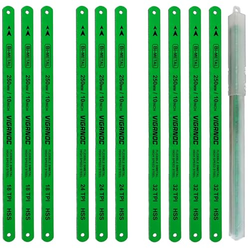 Viganoc 10 (250mm) Hacksaw Replacement Blades Set, Bi-Metal High Speed Steel Hack Saw Blade Sets - 18T - 24T - 32T HSS Saw Blades, 10 Pack