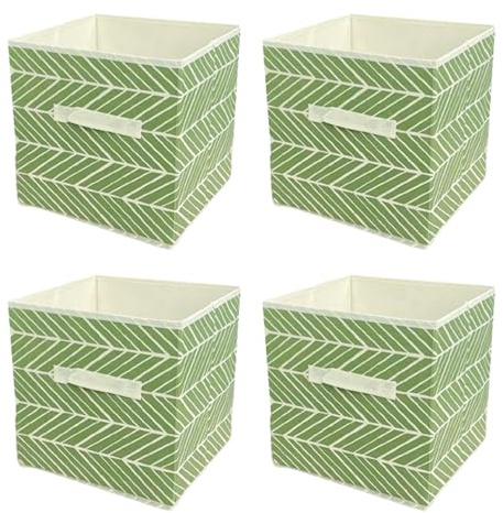 JF HOME BLISS 4 Pcs Cube Storage Box Collapsible Organizer Bin 27x27x28cm Cubes Fabric Storage Bins with Handles Open-Top Toys Box for Closet Shelves Drawer Bedroom Green Striped