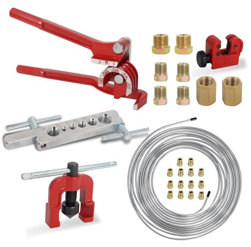 Poweka Kit D'outils pour ÉLargir Les Conduites de Frein，Conduite de Frein 7,6 m 4,7 mm (16 Raccords et 4 Connecteurs), Cintreuse de Conduite de Frein, Outil D'évasement Double et Simple, Coupe Tubes