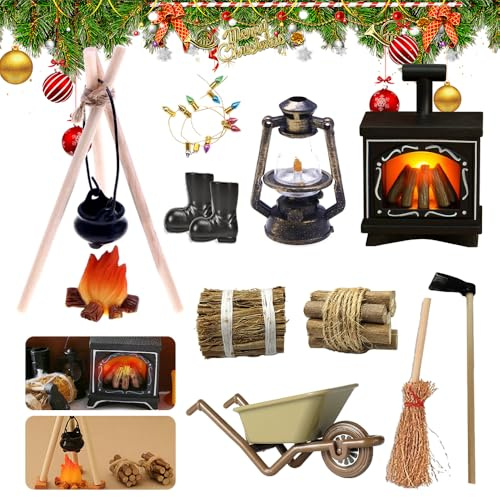 Accessoires de Lutin pour Cheminée,Cheminée Miniature Noel,Cheminée Maison de Poupée LED,Accessoires de Lutin Foyer,Lampe à Pétrole,Pelle à Foin,Lampe Colorée Miniature,Houe,Bottes en Caoutchouc