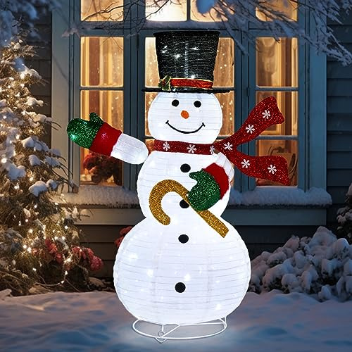Bonnlo 122cm LED Schneemann Deko, Weihnachtsdeko Aussen & Innen, Pop-up Schneemann Figur mit 100 LEDs, Beleuchtete Weihnachtsfigur mit Bodenpfählen, Weihnachtsbeleuchtung für Garten Balkon