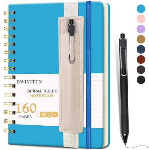 Notizbuch A5 Liniert, 160 Seiten Spiralbindung Notizbuch mit Stift Ringbuch | Hardcover Ringblock mit Stift & Kunstleder-Stifthalter Notizblock für Arbeit Büro Schule, 14,5 x 21cm -Himmelblau