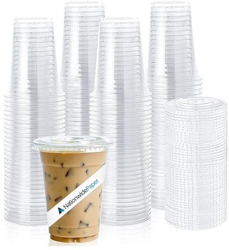 Nationwide Paper Kristallklare Smoothie-Becher mit flachem Deckel, perfekt für Eiskaffee, Milchshake, Slurpee, Eis, Razzle, Slush, Smoothy, Party, 340 ml, 100 Stück