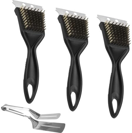 APOMOONS 3 Pezzi Spazzola per Griglia in Ottone con 1 Pezzo di Morsetto per Griglia in Acciaio Inox, 3IN1 Spazzola per Griglia in Ottone con Raschietto in Acciaio Inox in per Barbecue Pulizia Griglia