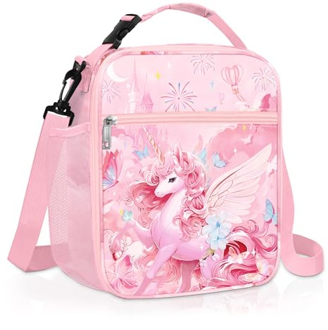 Clastyle Bolsa Termica Porta Alimentos Infantil Unicornio Bolsa Almuerzo Bebe Pequeña Portátil Bolsa Comida Niños para Escolar Picnic, Ángulo Unicornio Rosa
