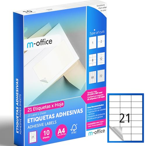 M-office Klebeetiketten zum Beschriften – Selbstklebende Etiketten zum Bedrucken, spülmaschinenfest, ideal für Haushalt und Gewerbe (21 Etiketten pro Blatt, 10 Blatt)