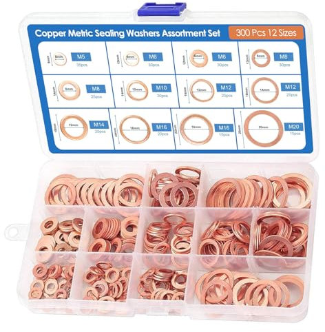 Kupferringe Sortiment set, 300pcs Kupferdichtringe Sortiment Flache Unterlegscheiben, Kupferscheiben Kupfer Metrische Dichtungsscheiben für Automobile Schiffe Generatoren Maschinen Geräte (M5-M20)