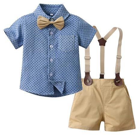 Yishengwan Bimbo Completini e Coordinati Gentiluomo, Camicia a Maniche Corte e Papillon + Pantaloncini con Bretelle Completo Cerimonia per Bambini e Ragazzi Blu Scuro 7-8 Anni