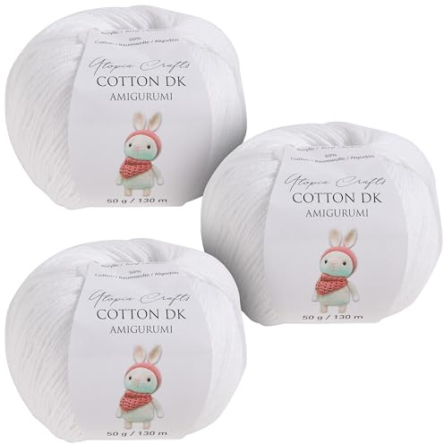 Utopia Crafts Amigurumi Cotton DK Yarn for Crochet and Knitting 50% Cotton, 50% Acrylic Blended, 3X 50g (White)