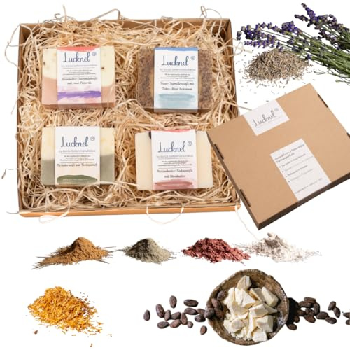 Lucknel® Naturseifen Geschenkset 4er Set Lavendel & Rosa Tonerde, Kamille & Totes-Meer-Tonerde, Teebaumöl & Kräuter, Kokos & Kakaobutter– handgemacht, Familienmanufaktur mit 14 Jahren Seifen-Erfahrung