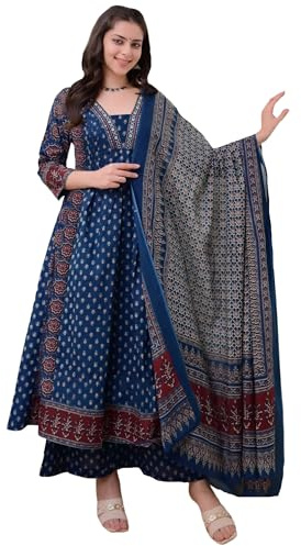 ANNI DESIGNER Women's Anarkali Kurta Set with Dupatta | Pure Cotton Suit Set for Women | Ajrakh Print Kurta Palazzo Dupatta Set | 3 Piece Ethnic Wear for Festival & Party, Blue, M