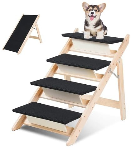 Jaxguom Haustierrampe 2-in-1 aus Holz Klappbare Hundetreppe 4 Stufen 65cm | Hunderampe Bett Höhenverstellbar Und Rutschfest,Sicherer Aufstieg für Hunde an Sofa Und Auto,Ausgeklappt 98cm