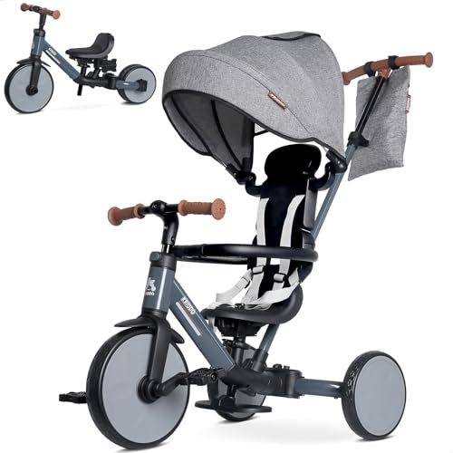 KRIDDO Triciclo Evolutivo 8 en 1 para Niños de 18 Meses a 5 Años, con Barra de Empuje, Triciclo y Bicicleta con o sin Pedales, Arnés de 5 Puntos Mejorado, Capota Plegable y Bolsa, Gris