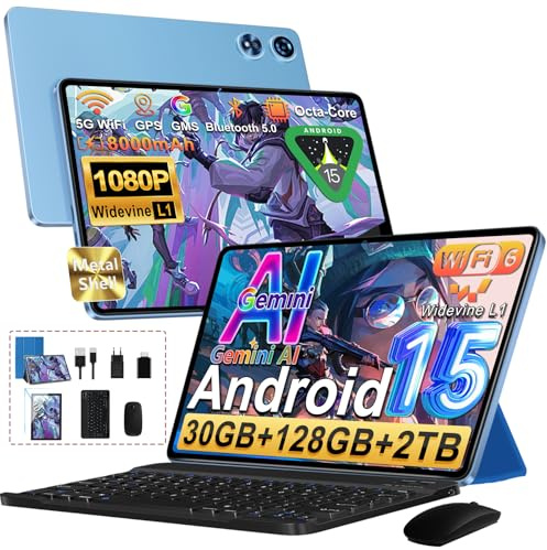 2026 Tablette 10 Pouces Android 15 avec 30Go RAM+128Go ROM(TF/2To) Octa-Core 2.0GHz, 5G+2.4G WiFi 6,Bluetooth 5.0,Caméra 5MP+8MP,8000mAh,1280 * 800 IPS FHD Écran,Tablette avec Clavier+Souris+Cas-Bleu