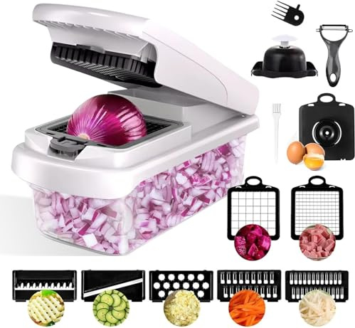 Coupe Legumes Multifonctions, Decoupe Legumes 14-en-1 avec Lames interchangeables – Mandoline Multifonctions, Nouveau design Compact Blanc pour, Oignons, Pomme de Terre, Ail, Concombre