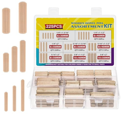 225 Stück 6/8/10 mm runder Holzstab, Schrank, Schublade, rund, geriffelt, Holz, Basteldübel, Stangen, Möbelbeschlag, Dübel, Stift, Schrank, Schublade, rund, geriffelt, Holz, Basteldübel, Stangen