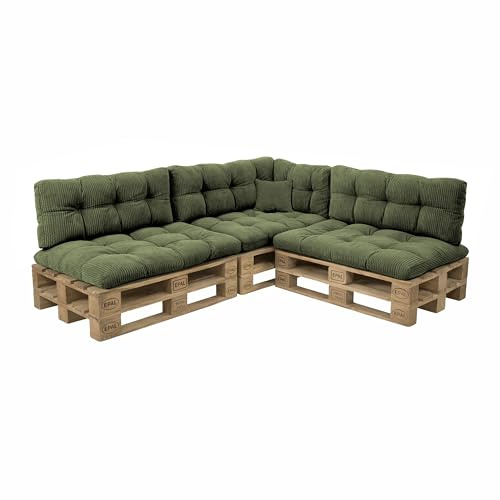 POKAR Palettenkissen 8er Set aus Cordstoff: 3X Sitzkissen 120x80 + 3X Rückenkissen 120x40 + Seitenkissen + Dekokissen | Gesteppte Palettenauflage für Loungemöbel | Oeko-TEX | Made in EU | Khaki