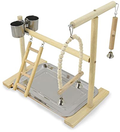 Vogelsitz Spielständer, Leiter, Schaukel, Holz Kauspielzeug für Papageien, Wellensittiche, Käfigzubehör, Edelstahl Futterbecher, Vogelspielplatz, Naturholz Sitzstangenständer mit Schüsseln, groß