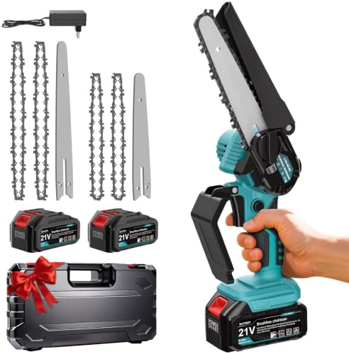 Mini Kettensäge mit Akku 8000mAh,8-Zoll & 6-Zoll Bürstenlose Akku kettensäge mit 2 Akku 4000mAh,Automatischer Öler, Handkettensäge Akku für Gartenscheren Astschere Holzschneidenz