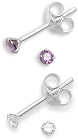 Set of 2 PAIRS Sterling Silver Cubic Zirconia stud Earrings - SIZE: TINY 2mm - Very Small & discreet - Purple & Clear