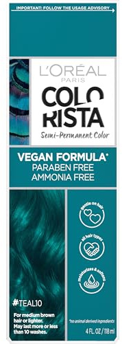 L'Oreal Paris Colorista Semi Permanent Hair Color for Brunettes, Color Depositing Hair Mask Formula, Teal