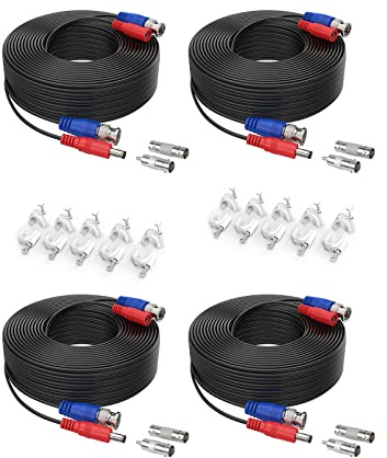 SANNCE 30m Câble de Video DC Power Connecteur BNC Vidéo 4pcs pour CCTV Caméra DVR Noir
