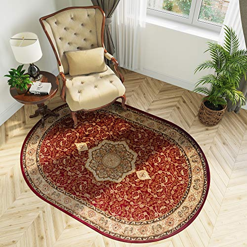 Tappeto Salotto Ovale Tradizionale Collezione Noble – Colore Rosso Beige Motivo Bordatura – Migliore Qualità – Diverse Misure S-XXXL 60 x 100 cm