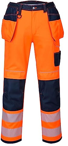 Portwest T501 Mens PW3 Hi Vis Work Trousers - Holster Pocket Workwear Safety Construction Trousers Orange/Navy, 34