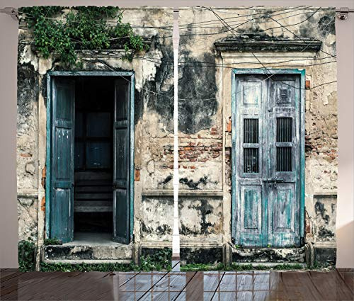 ABAKUHAUS Rustikal Rustikaler Gardine, Türen von Old Rock House, Schlafzimmer Kräuselband Vorhang mit Schlaufen und Haken, 280 x 260 cm, Grau Teal