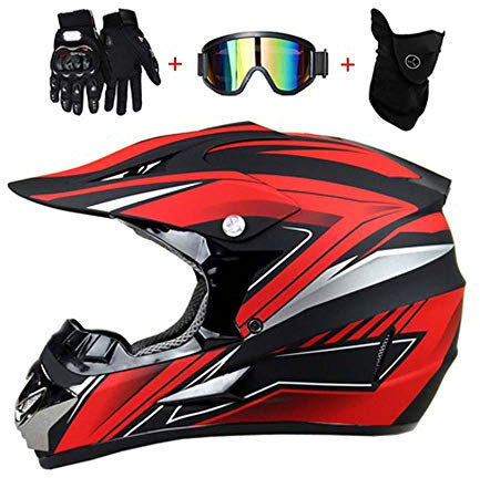 LEENP Motocross-Helm Schwarz Rot Crosshelm Set mit Brillen Maske Handschuhe, Herren Damen Motorrad-Helm Off-Road Downhill-Enduro-Helm-ATV-MTB-BMX Dirt Bikes Quad Motorräder Full-Face Schutz-Helm,A,XL