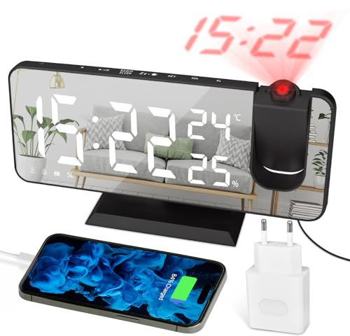 Projektionswecker Digitaler LED-Wecker mit Ladegerät, Radiowecker mit USB-Ladeanschluss, Doppelwecker, LED-Spiegelbildschirm, Einstellbare Helligkeit, Temperatur und Luftfeuchtigkeitsanzeige, Schwarz