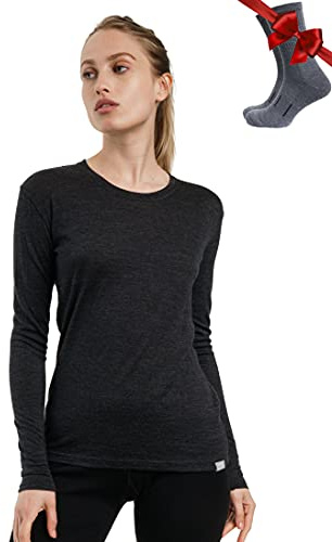 Merino.tech Merino Wool Base Layer Women - 100% Merino Wool Heavyweight, Midweight, Lite Long Sleeve Thermal Shirt and Socks (Medium, 165 Charcoal)