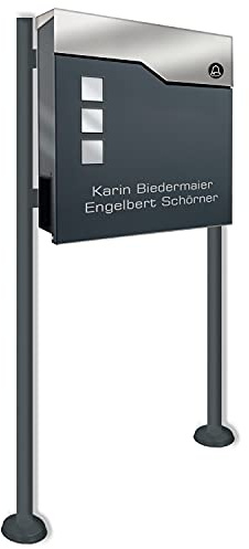 Zalafino Standbriefkasten mit FUNKKLINGEL ANTHRAZIT - aus pulverbeschichtetem Stahl - mit Zeitungsrolle, Sichtfeldern und Standfuß …