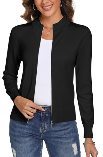 Aottori Cárdigan Negro para Mujer Manga Larga de Punto Suéter Cardigans Elegante Casual Cremallera Chaqueta Outwear Negro L