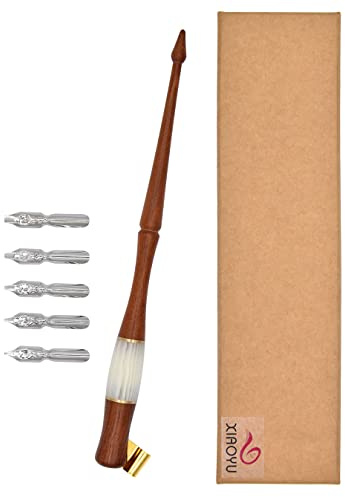XIAOYU Oblique Wooden Pen Set, Calligraphy Set for Beginners, 5 Calligraphy Dip Pen Nibs, Brown