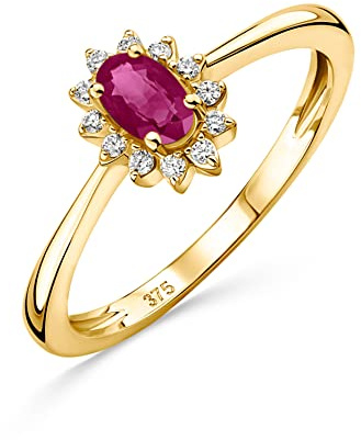 Orovi Schmuck Damen 0.07 Ct Diamant Verlobungsring Blume Gelbgold mit Edelstein / Geburtsstein natürlicher ovaler roter Rubin und 12 Diamanten Brillanten Ring aus 9 Karat (375) Gold